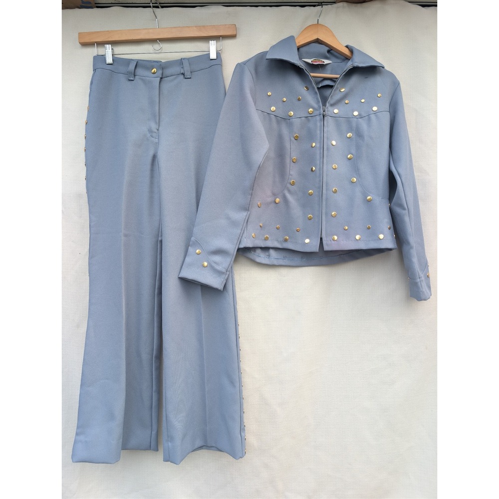 Vintage Miller Western Wear Studded Blue 2 Piece Pant Set Jacket Flare Pants 14